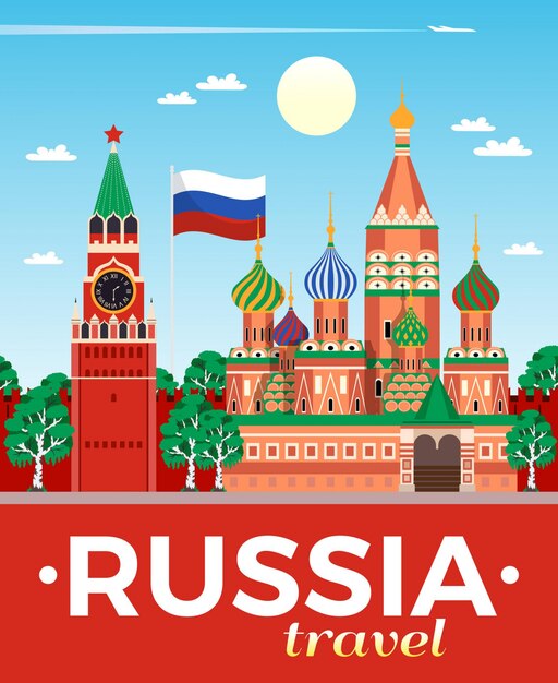 L'agenzia di viaggi della Russia che pubblicizza il manifesto piano della composizione con la bandiera nazionale Cremlino San Basilea Mosca