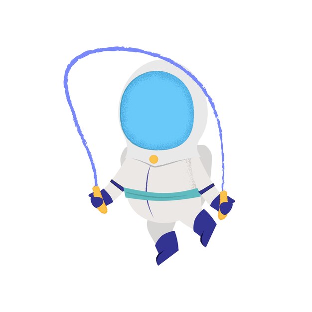 L&#39;astronauta che salta con la corda per saltare. Spaceman, personaggio, allenamento.