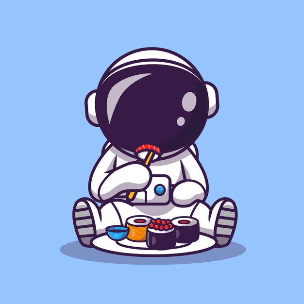 L'astronauta sveglio mangia l'illustrazione del fumetto dei sushi. Concetto di scienza cibo icona. Stile cartone animato piatto