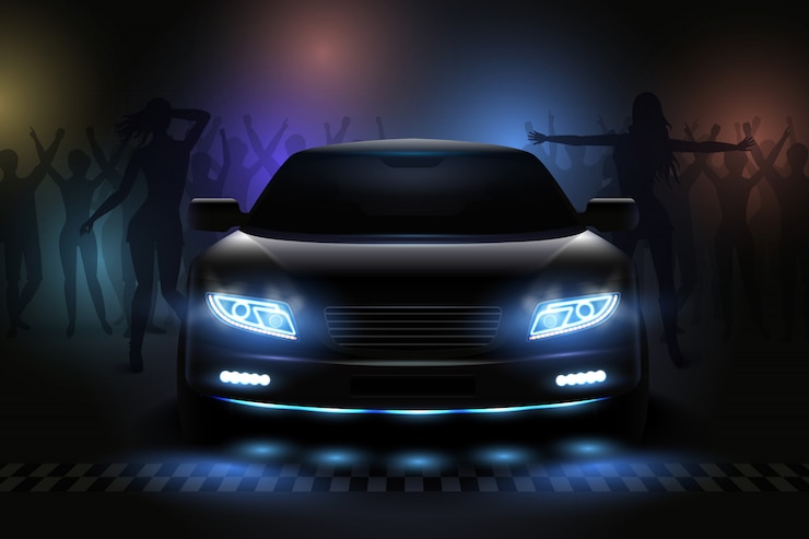 Vettore gratuito l'automobile ha condotto la composizione realistica nelle luci con la vista del night-club con l'illustrazione delle siluette e del dimlight della gente di dancing