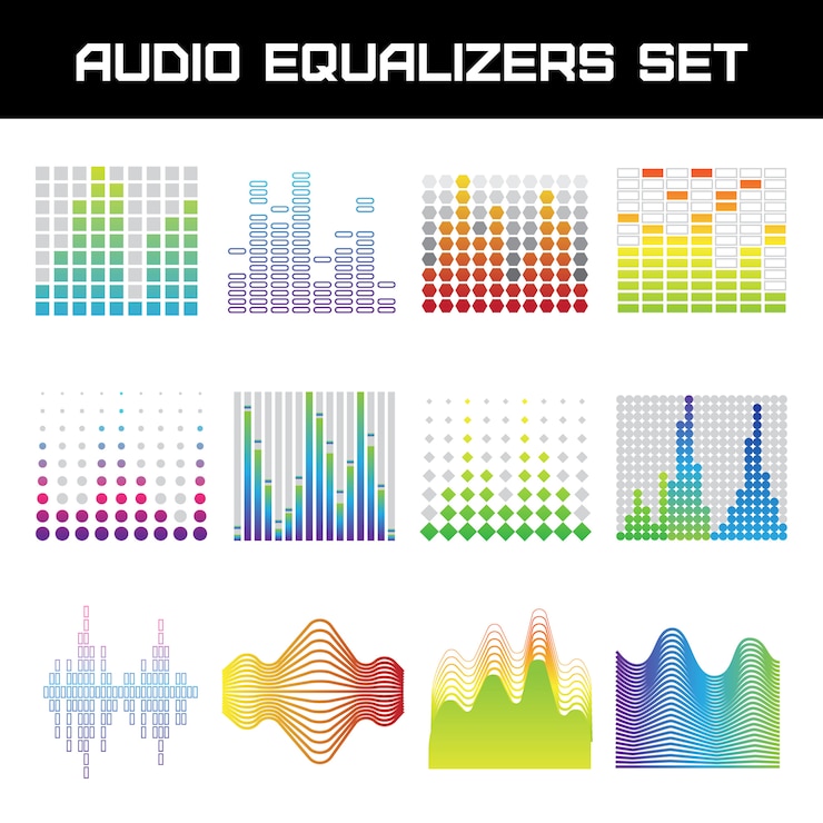 Vettore gratuito l'equalizzatore audio luminoso ha messo con l'illustrazione di vettore isolata piano di simboli delle onde sonore