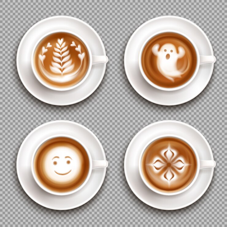 Vettore gratuito l'icona colorata di vista superiore di arte del latte ha messo con arte in tazze ed illustrazione trasparente