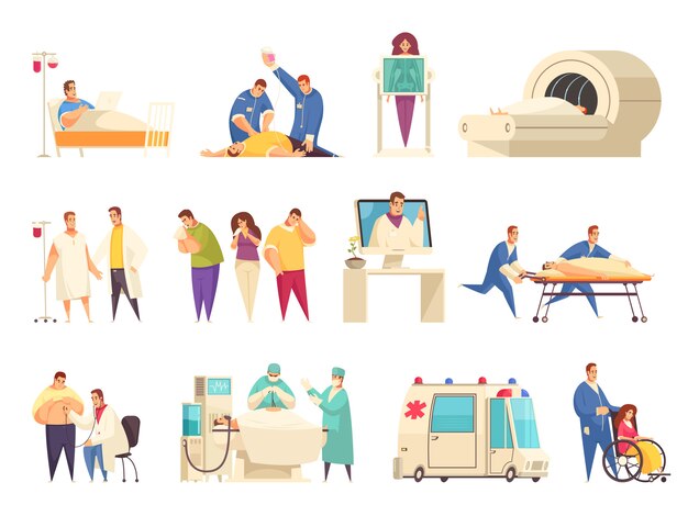 L'icona isolata medica ha messo con l'illustrazione di vettore di descrizioni di mri di rianimazione di ospedalizzazione della casa di cura di er