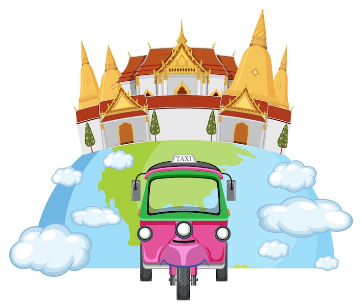 Vettore gratuito l'illustrazione colorata di tuktuk e del tempio sul globo