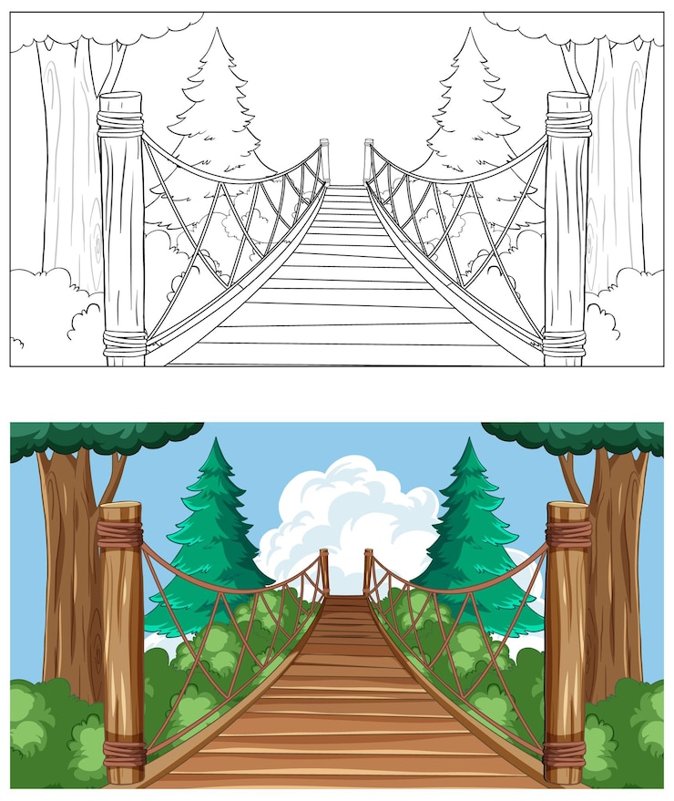 Vettore gratuito l'illustrazione dell'attraversamento del ponte di legno