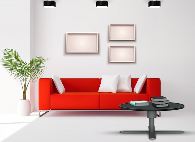 L'immagine dello spazio del salone con il sofà rosso ha completato l'illustrazione realistica di progettazione domestica dei dettagli interni neri bianchi
