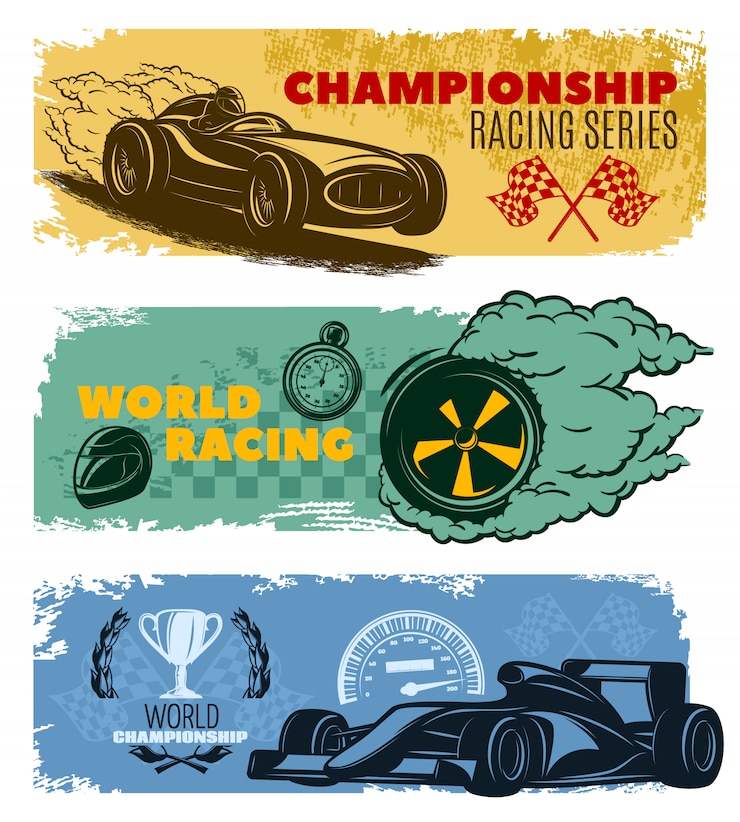 Vettore gratuito l'insegna di corsa orizzontale colorata tre ha messo con l'illustrazione di vettore di corsa del mondo di serie di corsa di campionato di titoli di campionato e di campionato del mondo