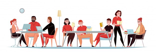 L'insegna orizzontale piana delle biblioteche con gli ospiti che si siedono nella sala di lettura con le compresse dei computer portatili delle riviste dei libri vector l'illustrazione