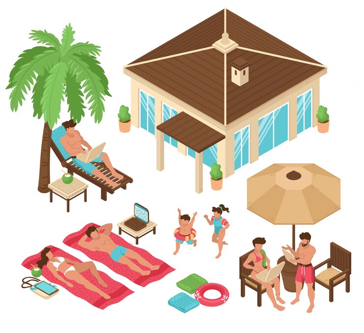 Vettore gratuito l'insieme delle immagini variopinte isolate del lavoro a distanza della gente indipendente tropicale isometrica della casa di spiaggia con l'illustrazione umana di vettore dei caratteri