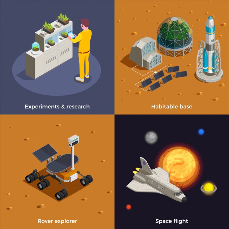 Vettore gratuito l'insieme di concetti di colonizzazione di marte della ricerca dell'esploratore del rover di volo spaziale sperimenta le composizioni isometriche nella base abitabile