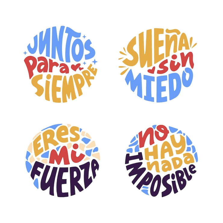 Vettore gratuito l'insieme di frasi e citazioni in spagnolo per adesivi, disegni logo, magliette, ecc. gli emblemi delle lettere