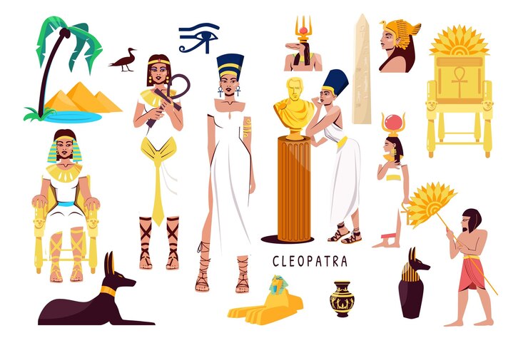 Vettore gratuito l'insieme piatto di cleopatra di simboli culturali dell'antico egitto, così come l'obelisco che vede tutti gli dei dell'occhio, ha isolato l'illustrazione vettoriale