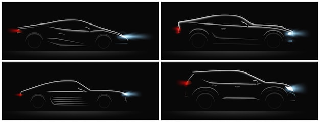 L'insieme realistico di oscurità del silhouete dell'automobile di quattro profili con la carrozzeria e le luci correnti d'ardore differenti vector l'illustrazione