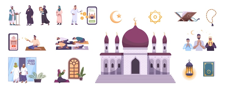 Vettore gratuito l'islam moderno set di icone piatte isolate con personaggi umani smartphone e simboli religiosi tradizionali illustrazione vettoriale