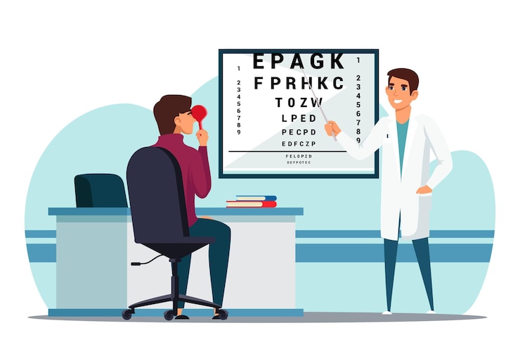 Vettore gratuito l'oftalmologo controlla i punti di vista del paziente alle lettere test dell'occhio ottico nell'ufficio dell'oculista trattamento medico nel servizio della clinica ospedaliera
