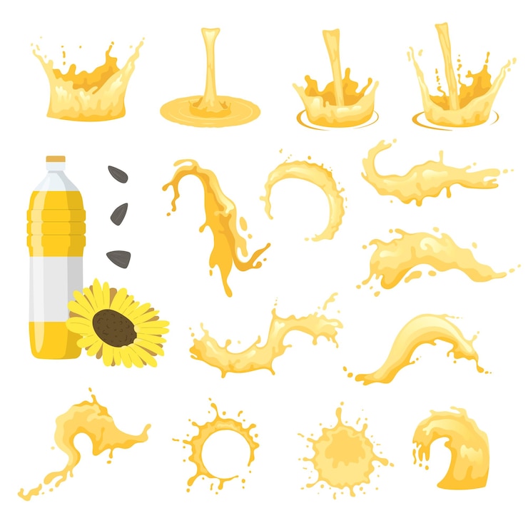 Vettore gratuito l'olio di girasole versato spruzza le icone piatte impostate l'illustrazione vettoriale isolata