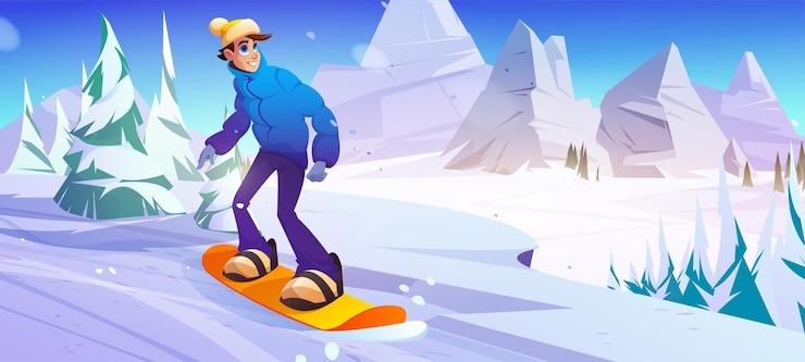 Vettore gratuito l'uomo cavalca lo snowboard sul pendio in montagna. illustrazione del fumetto vettoriale del paesaggio invernale con discesa bianca, alberi, rocce e persona snowboarder. concetto di attività sportiva estrema