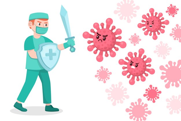 L'uomo combatte il concetto di virus con scudo