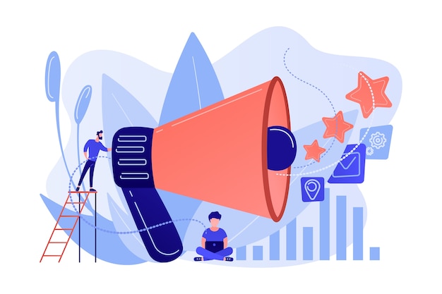 L'uomo d'affari con il megafono promuove le icone dei media. Promozione delle vendite e marketing, strategia pomotion, concetto di prodotti promozionali su sfondo bianco.
