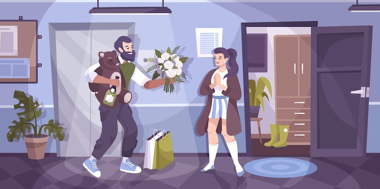 Vettore gratuito l'uomo romantico della composizione piatta fiore coppia è venuto a visitare la sua ragazza e dà un peluche e un bouquet