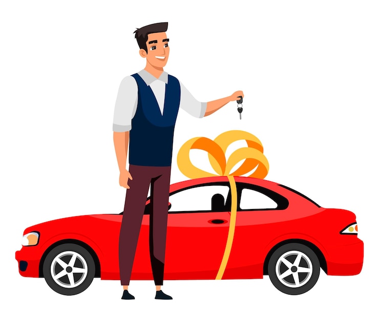 Vettore gratuito l'uomo sorridente tiene la chiave dell'auto vicino a un'auto costosa rossa legata con nastro e fiocco regalo premio inaspettato o acquisto di trasporto personale congratulazioni