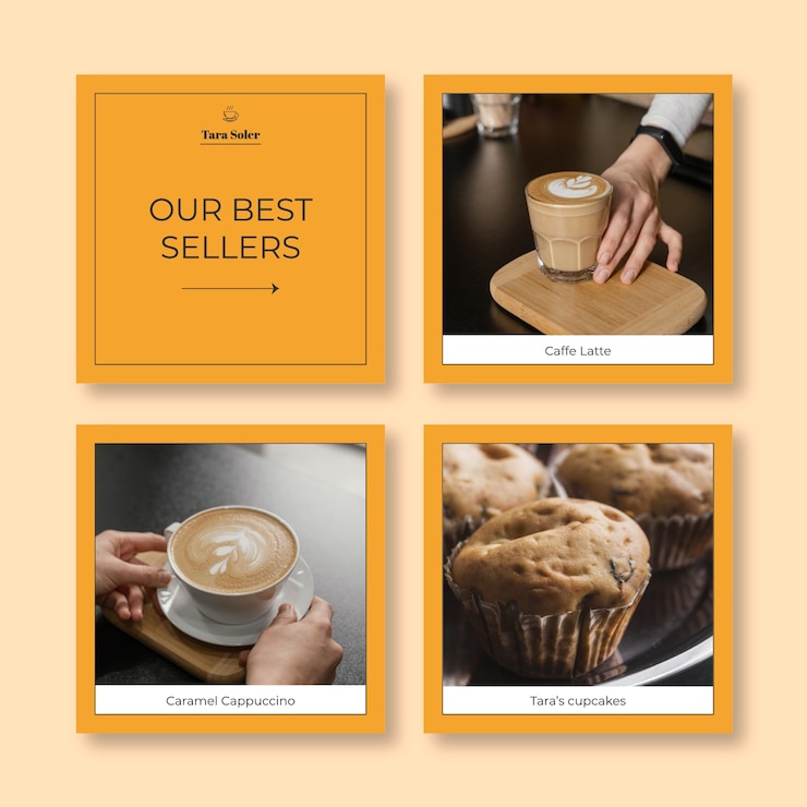 Vettore gratuito la caffetteria gialla minimalista offre un set di post su facebook