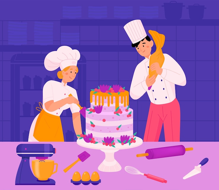 Vettore gratuito la composizione dello chef pasticcere con personaggi maschili e femminili di cuochi ha appena preparato una grande torta nuziale insieme illustrazione vettoriale