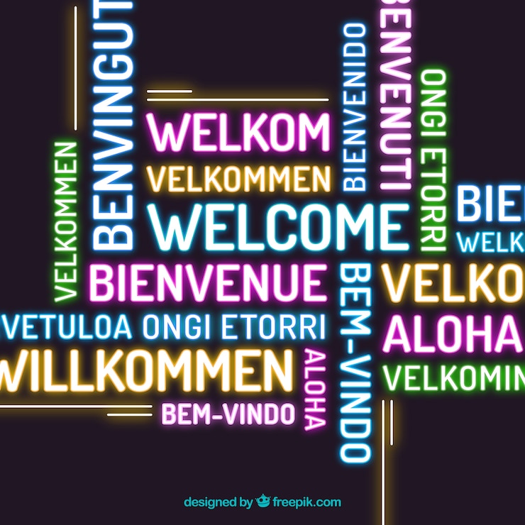 Vettore gratuito la composizione di benvenuto torna a terra in diverse lingue al neon