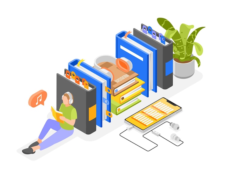 Vettore gratuito la composizione isometrica dei libri audio con la vista isolata dei libri nella fila con il tipo d'ascolto nell'illustrazione di vettore delle cuffie
