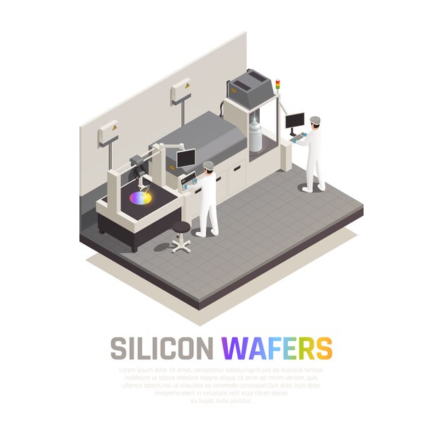 La composizione isometrica in produzione del chip a semiconduttore con testo editabile e la gente che gestiscono i manipolatori robot di ciao-tecnologia vector l'illustrazione