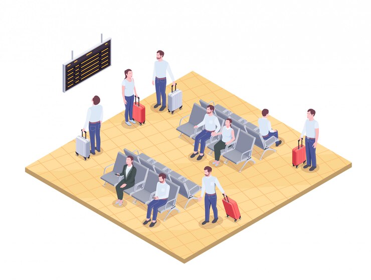 Vettore gratuito la composizione isometrica nell'aeroporto con le immagini dei passeggeri nell'ambiente del corridoio del salotto con l'arrivo e la partenza imbarcano l'illustrazione di vettore