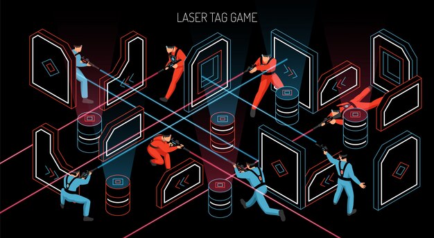 La composizione isometrica orizzontale nel gioco di gruppo all'aperto dell'interno dell'etichetta del laser con i giocatori che infornano gli obiettivi sensibili infrarossi vector l'illustrazione