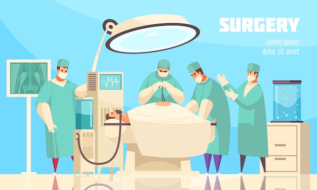 La composizione piana colorata in operazione dell'ospedale un medico con gli assistenti tratta un'illustrazione di vettore della persona