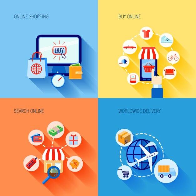 La composizione piana d&#39;acquisto degli elementi di commercio elettronico di acquisto messa con la consegna in tutto il mondo di ricerca ha isolato l&#39;illustrazione di vettore