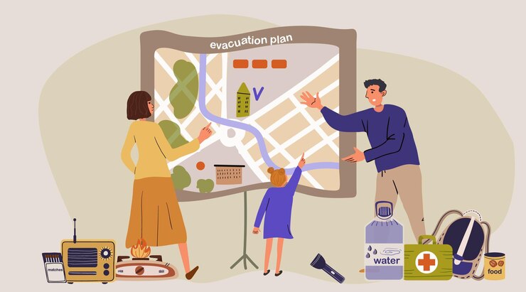 Vettore gratuito la composizione piana di prevenzione di disastro con la vista dei membri della famiglia con il bambino e la mappa con l'illustrazione variopinta di vettore dei segni