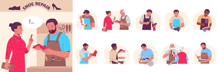 Vettore gratuito la composizione piana di riparazione della scarpa messa con gli strumenti del lavoro dei clienti ripara l'illustrazione di vettore degli uomini e delle scarpe