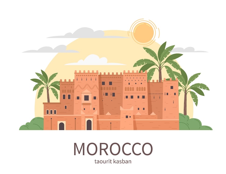 Vettore gratuito la composizione piana di viaggio turistico del marocco con la vista frontale dell'antica fortezza con le palme del cielo e l'illustrazione di vettore del testo