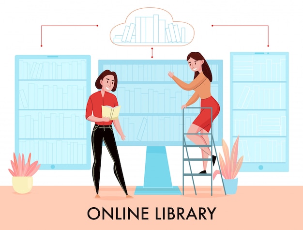 La composizione piana nella biblioteca online con le donne che cercano il libro negli scaffali per libri virtuali della compressa del telefono del monitor monitor vector l'illustrazione