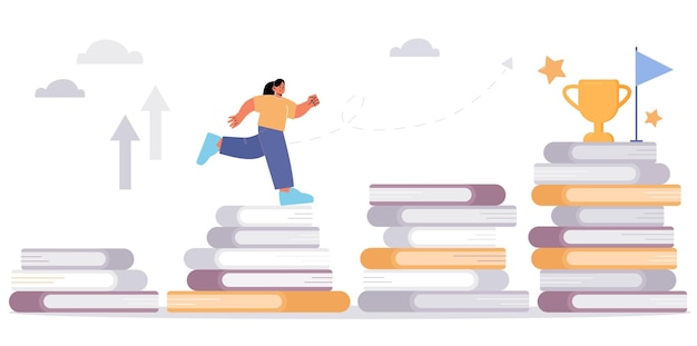 La donna corre sulle scale di pile di libri per premiare in cima Il concetto di lettura e conoscenza aiuta a raggiungere gli obiettivi di successo nell'istruzione e nella carriera Illustrazione piatta vettoriale della ragazza e premio sulla scala dei libri