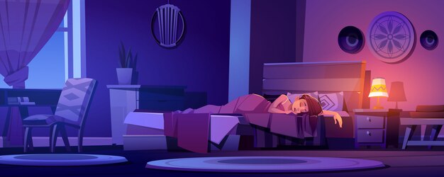 La donna dorme nel letto in interni boho di notte