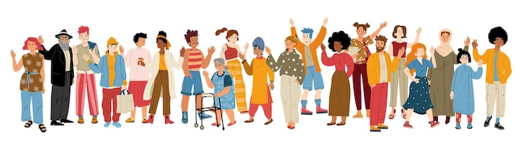 Vettore gratuito la folla di personaggi diversi che agitano la mano
