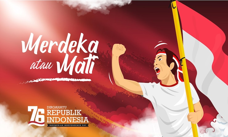 Vettore gratuito la gente celebra il 76° giorno dell'indipendenza dell'indonesia o dirgahayu kemerdekaan indonesia ke 76