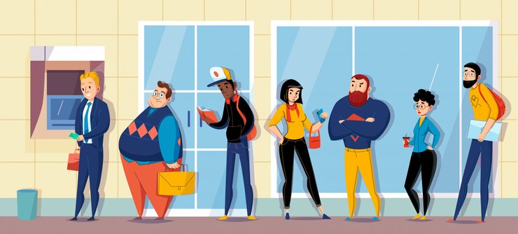 Vettore gratuito la gente che fa la coda nella banca che allinea per l'illustrazione orizzontale piana aspettante nella composizione in messaggistica del bancomat del bancomat