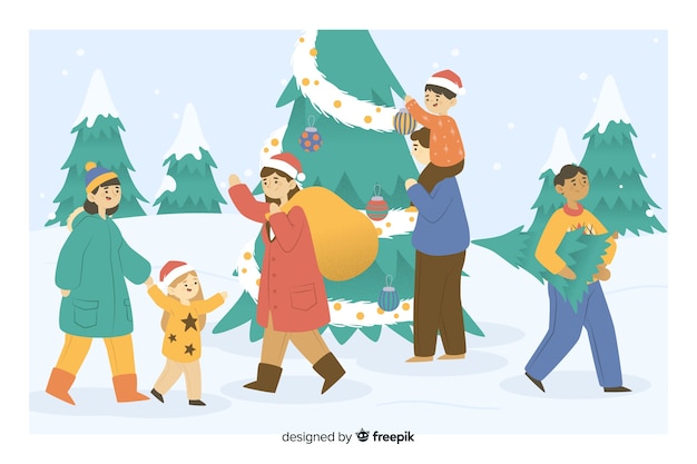 La gente che prende i regali e il fumetto dell'albero di Natale