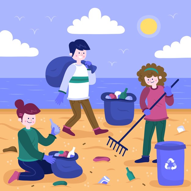 La gente che pulisce insieme la spiaggia ha illustrato