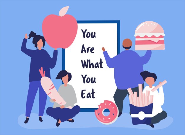 La gente con l&#39;illustrazione delle icone dell&#39;alimento