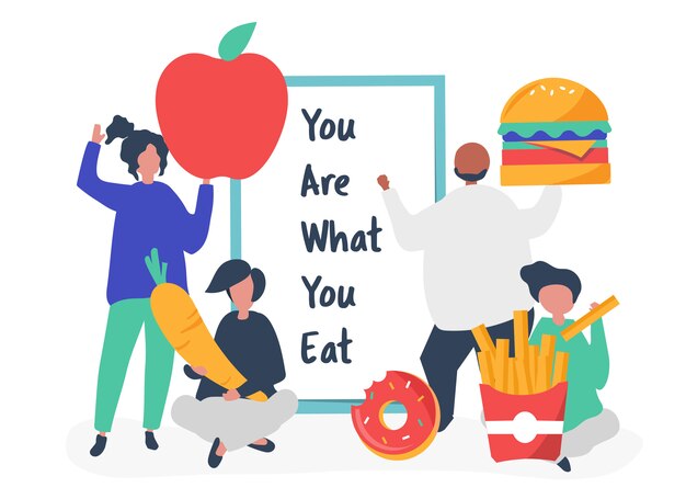 La gente con l&#39;illustrazione delle icone dell&#39;alimento
