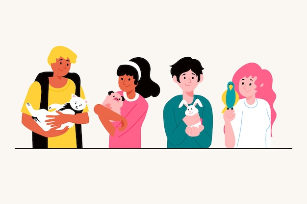 La gente con varietà di concetto dell'illustrazione degli animali domestici