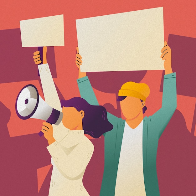 La gente di gradiente che tiene l'illustrazione di proteste della porcellana del megafono e dell'insegna