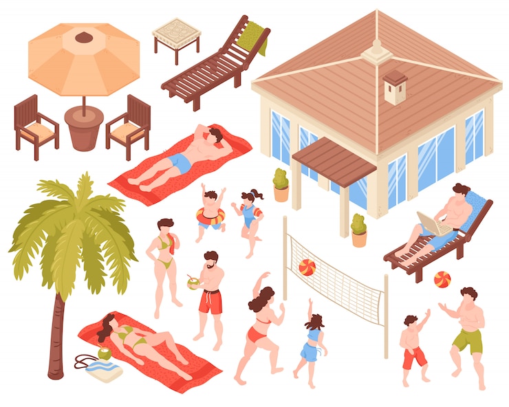 Vettore gratuito la gente isometrica di feste tropicali della casa di spiaggia delle icone messa con l'illustrazione isolata di vettore della casa dei caratteri umani e delle immagini delle piante tropicali